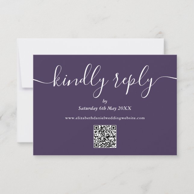 Purple QR Code Elegant Script Kindly Reply RSVP Card (Front)