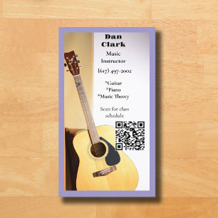  Purple QR Code Music Teacher Acoustic Guitar  Business Card