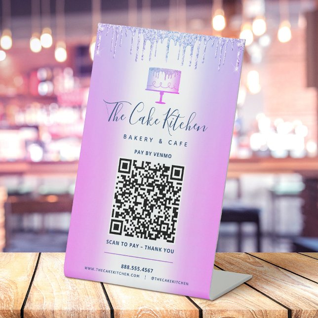 Purple QR Code Pay Here Cake Bakery Glitter Drips  Pedestal Sign (Creator Uploaded)
