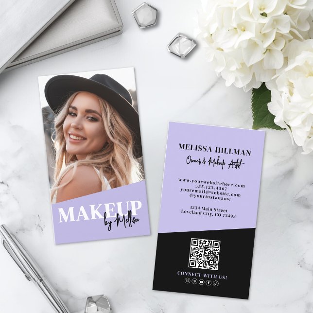 Purple QR Code Photo Makeup Vertical Business Card (Purple QR Code Photo Makeup Vertical Business Card )