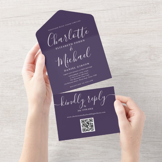 Purple QR Code Script Minimalist Wedding All In One Invitation (Tearaway)
