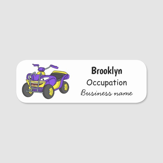 Purple Quad bike cartoon illustration  Name Tag (Front)