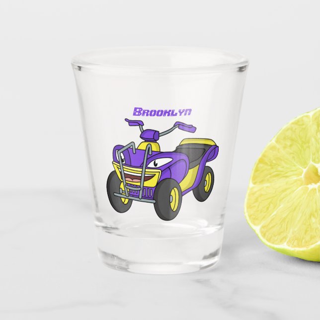 Purple Quad bike cartoon illustration Shot Glass (Front)
