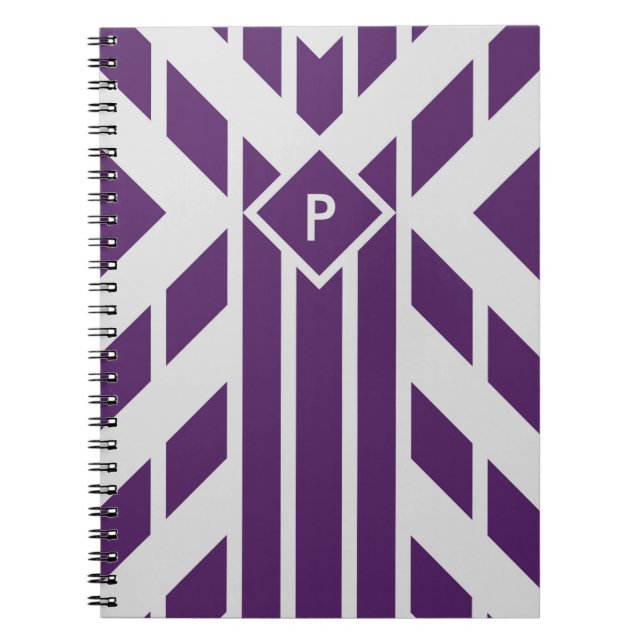 Purple Quadrangle Stripes on Grey with Monogram Spiral Notebook (Front)