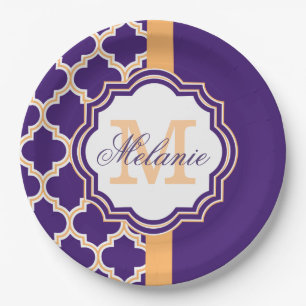 Purple Quatrefoil Monogram Paper Plate
