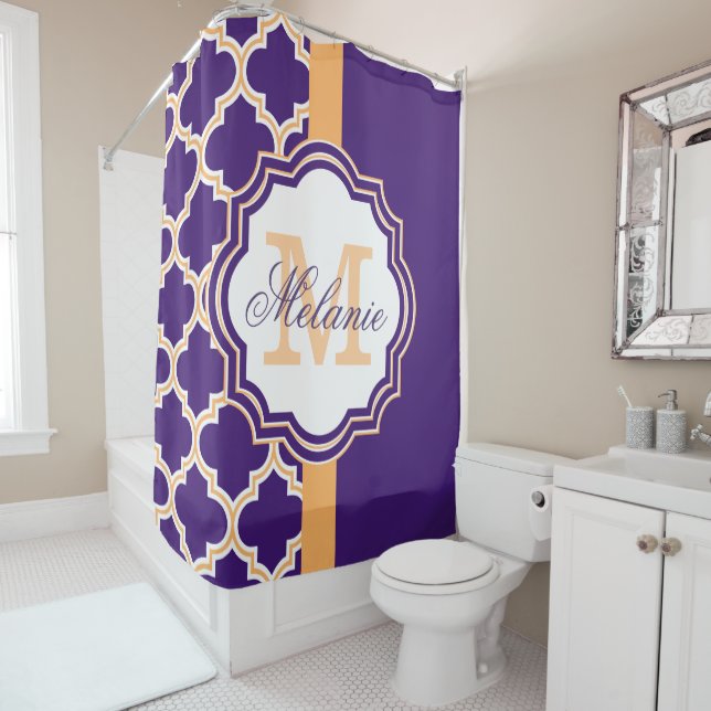 Purple Quatrefoil Monogram Shower Curtain (In Situ)