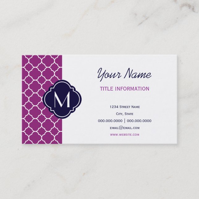 Purple Quatrefoil Pattern with Monogram Business Card (Front)