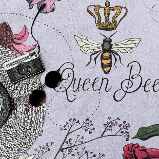 Purple Queen Bee Floral Pattern Beach Towel (Lavender Queen Bee Royal Crown Floral Pattern with Queen Bee, Crown, Exotic flowers, bees, beehive)