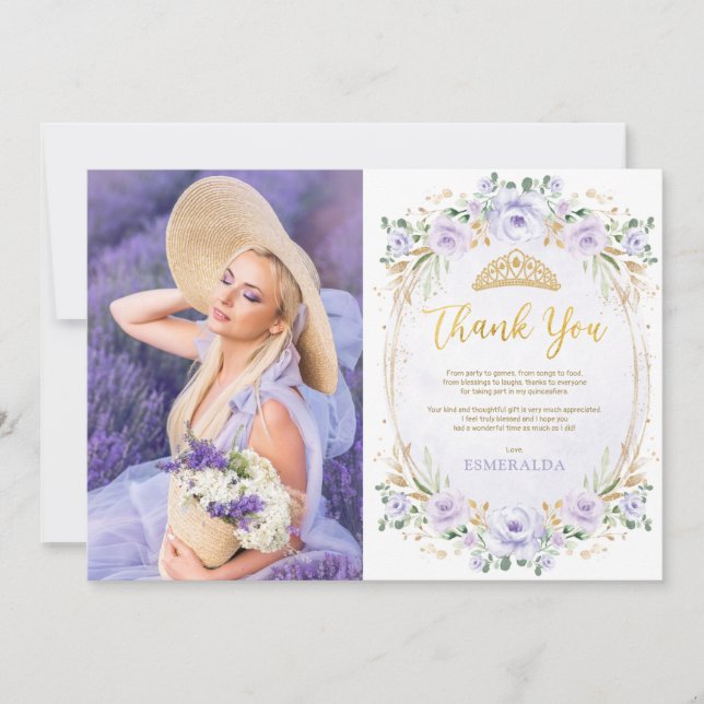 Purple Quinceañera 15th Birthday Thank You Card (Front)