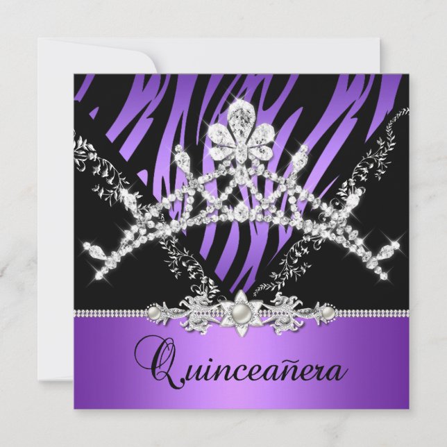 Purple Quinceanera 15th Zebra Tiara Diamond Invitation (Front)