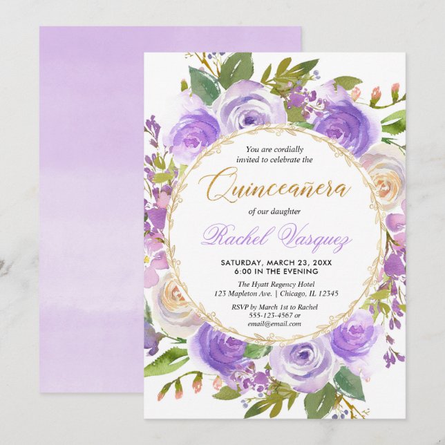 Purple Quinceanera floral lavender lilac Invitation (Front/Back)