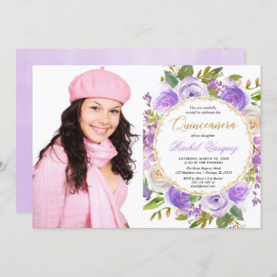 Purple Quinceanera floral lavender lilac photo Invitation