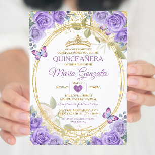 Purple Quinceañera Gold Crown Glitter Butterfly Invitation