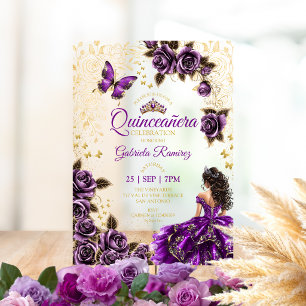 Purple Quinceañera Golden Tiara Roses Butterlies Acrylic Invitations