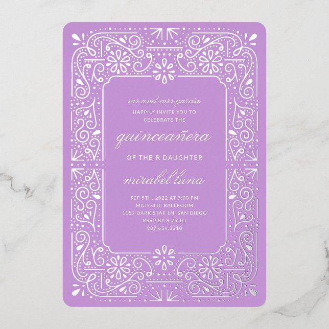 Purple Quinceañera invitaciones Foil Invitation (Front)