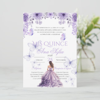 Purple quinceañera invitation with butterfiles