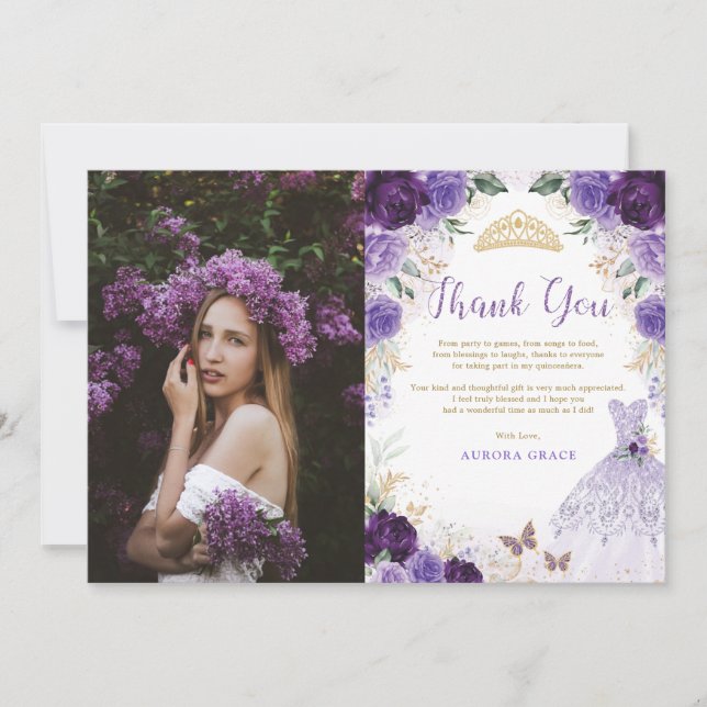 Purple Quinceañera Princess Dress Thank You Card (Front)
