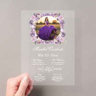 Purple quinceañera with picture invitation