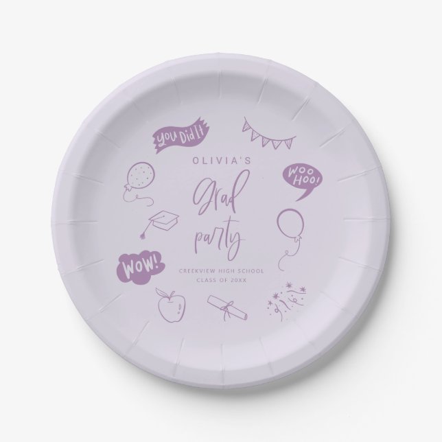 Purple Quirky Grad Icons Graduation Party Paper Plate (Front)