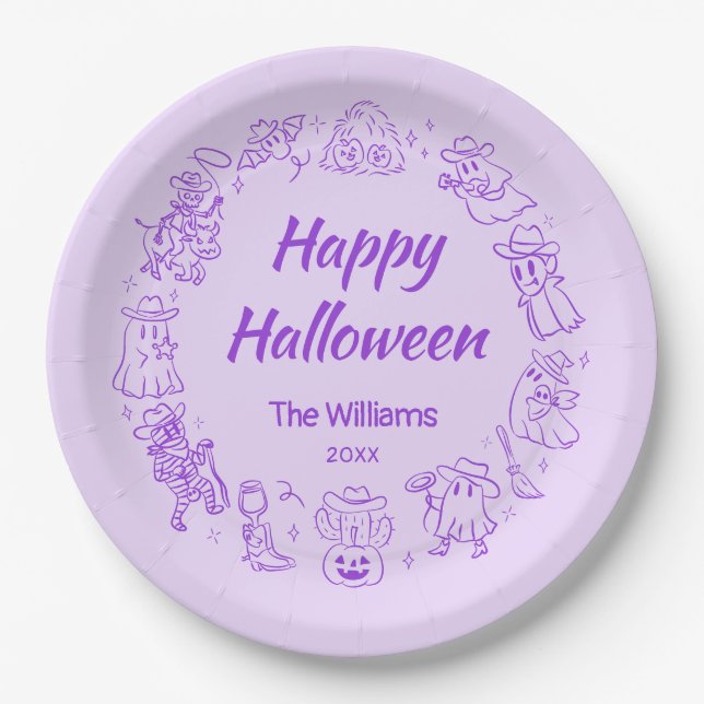Purple Quirky Hand Drawn Cowboy Happy Halloween Paper Plate (Front)