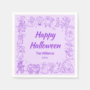 Purple Quirky Hand Drawn Doodles Happy Halloween Napkin