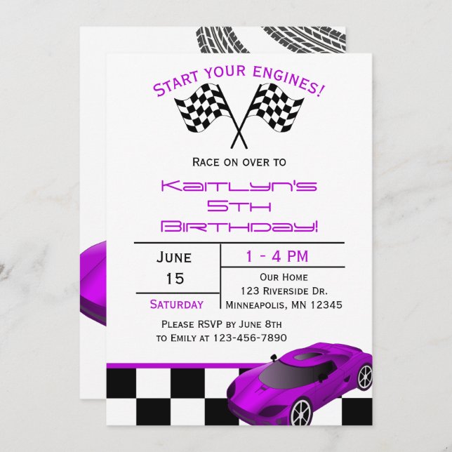 Purple Race Car | Custom Kids Birthday Invitation (Front/Back)