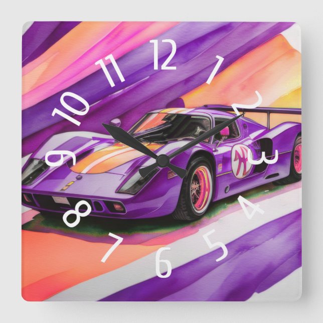 Purple Race Car Watercolor Yellow Square Wall Clock (Front)
