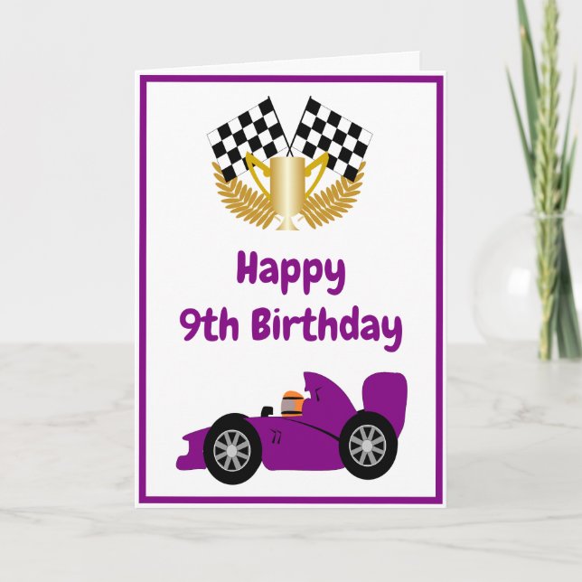 Purple Racing Car Design Personalised 9th Birthday Card (Front)