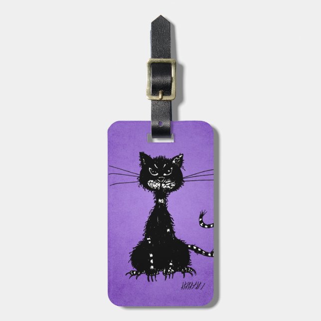 Purple Ragged Evil Black Cat Luggage Tag (Front Vertical)