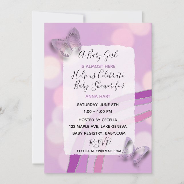 Purple Rainbow and Butterflies Girl's Baby Shower Invitation (Front)