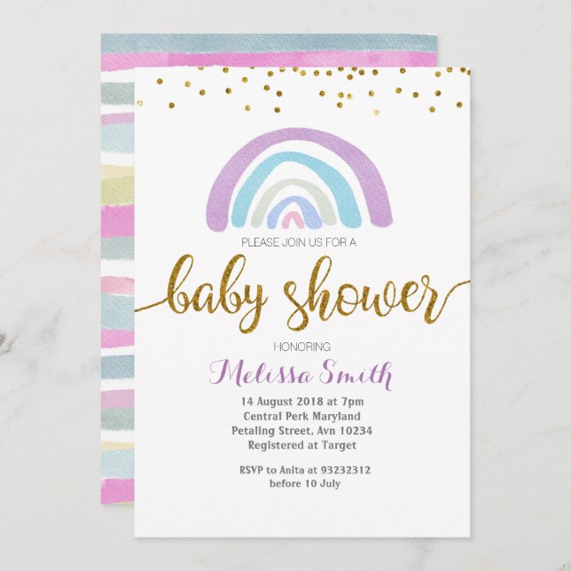 Purple Rainbow baby shower Invitation card (Front/Back)