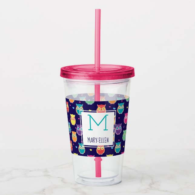 Purple Rainbow Owl Pattern Monogrammed Girls Acrylic Tumbler (Front)
