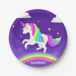 Purple Rainbow Unicorn Party Personalised Name Paper Plate