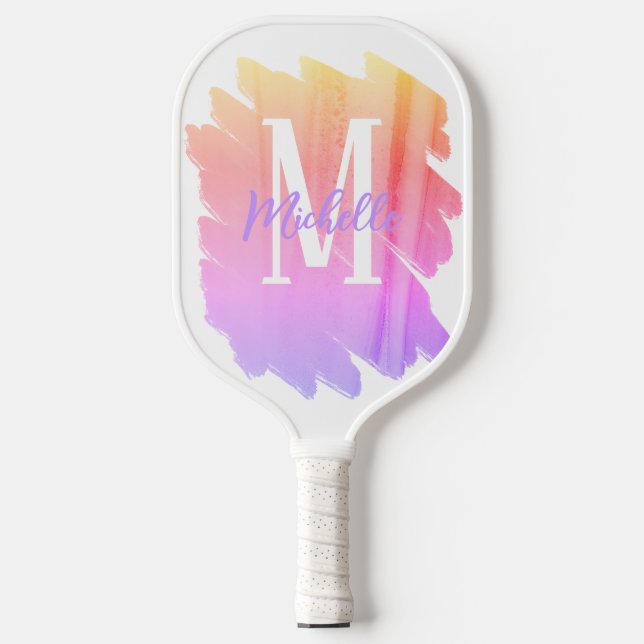 Purple Rainbow Watercolor Monogram Pickleball Paddle (Front)