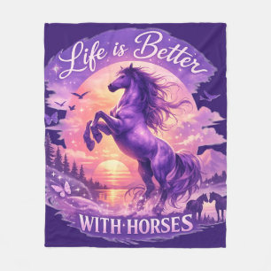 Purple Rearing Horse Sunset Fantasy Art  Fleece Blanket