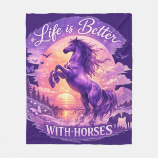Purple Rearing Horse Sunset Fantasy Art  Fleece Blanket