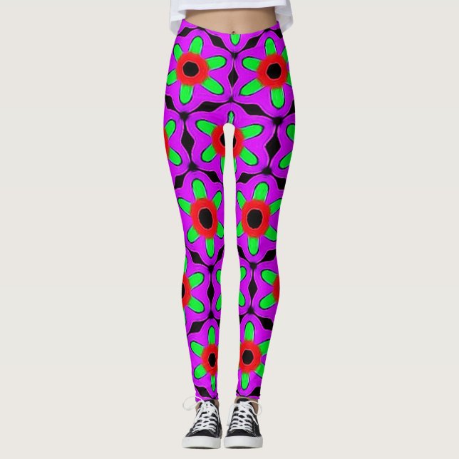 Purple Red and Green Flower Pattern Leggings (Front)