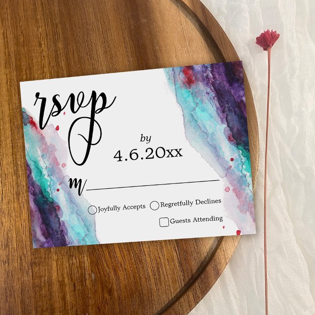 Purple Red Aqua Abstract Watercolor Wedding RSVP Card (Creator Uploaded)