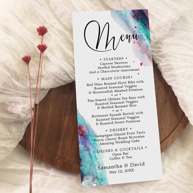 Purple Red Aqua Watercolor Modern Wedding Menu (Creator Uploaded)