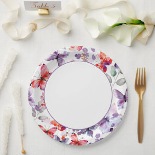 Purple Red Butterflies Bridal Shower Paper Plate