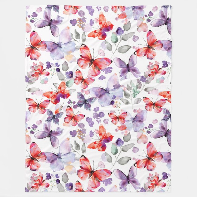 Purple Red Butterflies Fleece Blanket (Front)