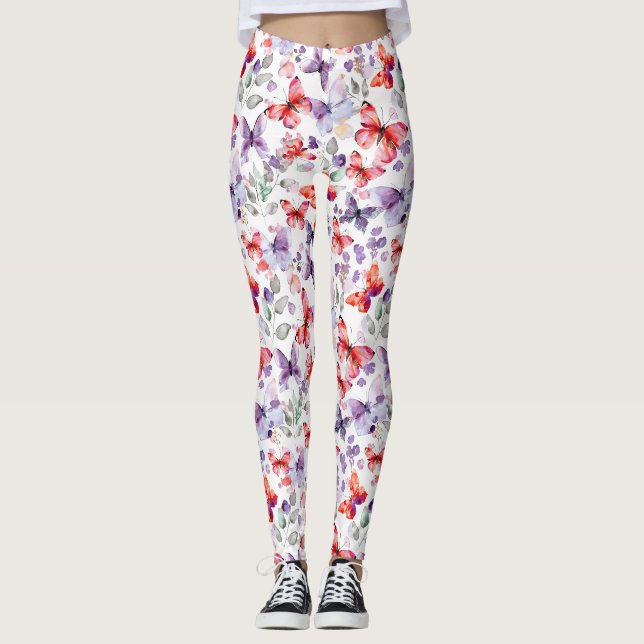 Purple Red Butterflies Leggings (Front)