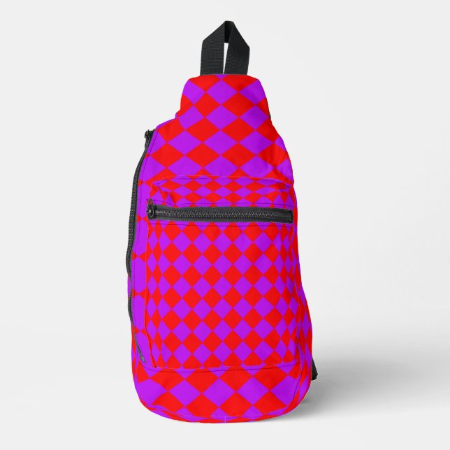 Purple Red Chequered Diamond Pattern Sling Bag (Front)