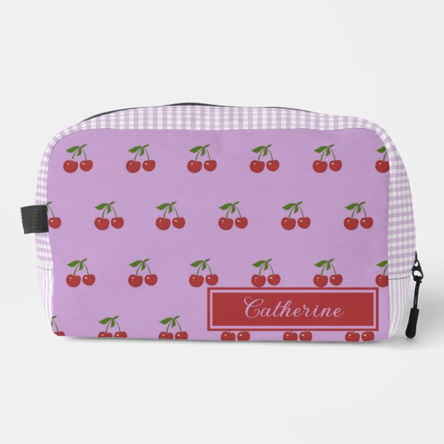 Purple & Red Cherry Gingham Pattern Simple Fruit Dopp Kit (Front)