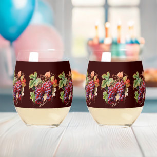 Purple Red Grapes Vines Burgundy Background Stemless Wine Glass