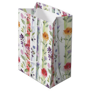 Purple Red Orange Floral Stripes Bridal Shower Medium Gift Bag