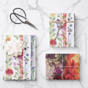 Purple Red Orange Floral Stripes Bridal Shower   Wrapping Paper Sheet