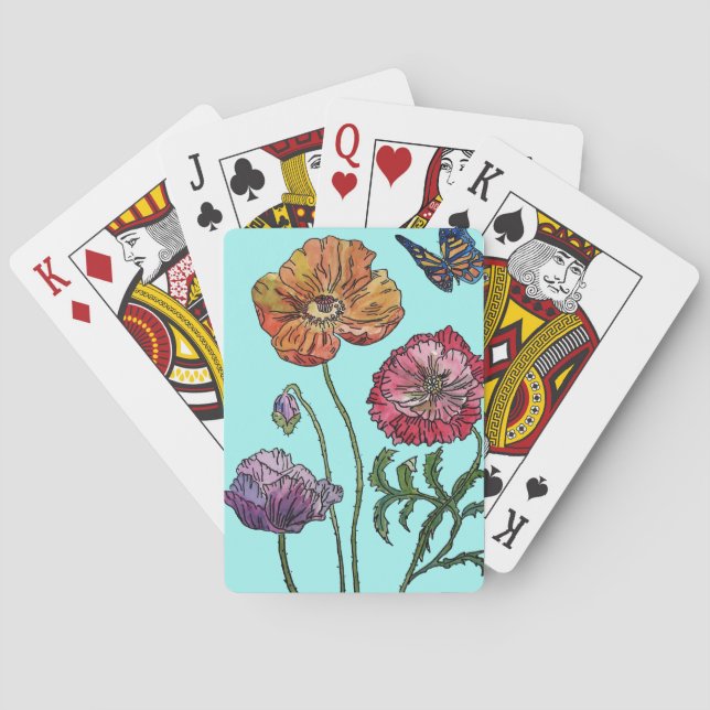 Purple Red Orange Poppy Flower Playing Cards Set (Back)