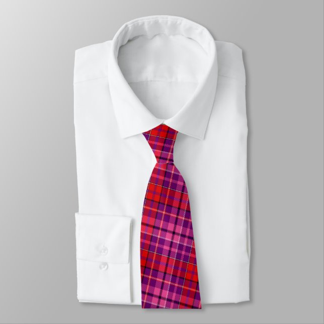 Purple Red Pink Plaid Tartan Design  Tie (Tied)