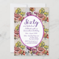 Purple Red Poppy Floral 60th Birthday Invitation